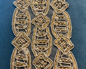 VINTAGE BEADED LACE fragment wide ecru gold lace trim lace remnant beaded trim unused store stock