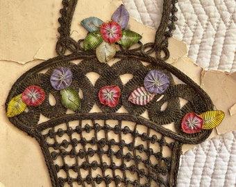 APLIQUE DE CESTA FLORAL aplique metálico antiguo cinta de seda flores calcomanía ribete metálico ribetes vintage ribetes antiguos stock de tienda sin usar