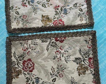 ANTIQUE SQUARE pair of brocade DOILIES mats 1920s antique textiles
