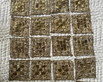 Vintage METALLIC LACE APPLIQUES 30 small square metallic gold patches trims decals antique trimming