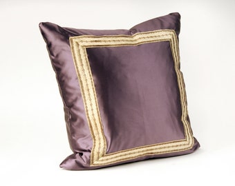 PURPLE SATIN square PILLOW decorative cushion throw pillow antique metallic trim bolster sham antique textile cushion