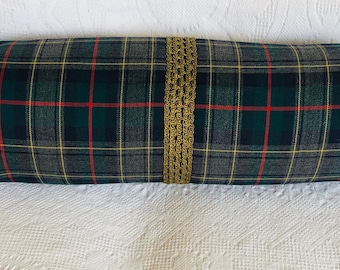 SCOTTISH PLAID Tartan BOLSTER gray navy green plaid neckroll vintage wool plaid fabric antique metallic trim toss cushion