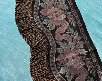 Pair of Antique DOWNTON ABBEY style window valences pelmets tapestry borders curtain edgings with fringes