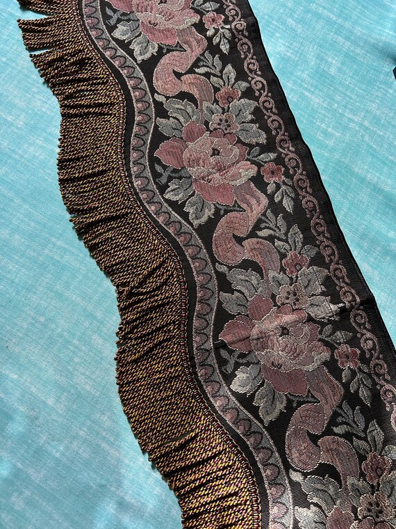 Pair of Antique DOWNTON ABBEY style window valences pelmets tapestry borders curtain edgings with fringes