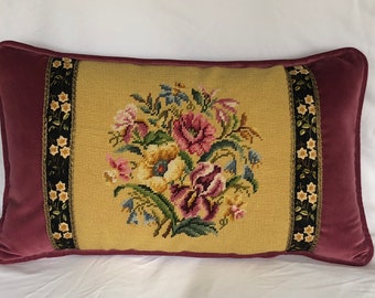 VINTAGE NEEDLEPOINT PILLOW floral embroidery cushion sari border antique metallic trim Sham