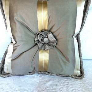 Gray beige ecru SILK THROW CUSHION toss pillow gray glitzy rosette silk accent cushion exclusive decorative pillow