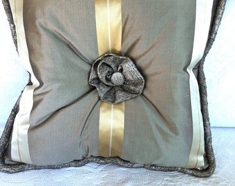 Gray beige ecru SILK THROW CUSHION toss pillow gray glitzy rosette silk accent cushion exclusive decorative pillow