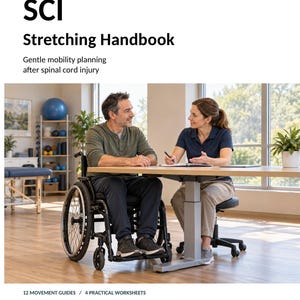 May include: A book cover titled SCI Stretching Handbook: Gentle mobility planning after spinal cord injury by Michael H. and Caveliqo Studios. It features a person in a wheelchair and another person at a table. Includes 12 movement guides and 4 practical worksheets.