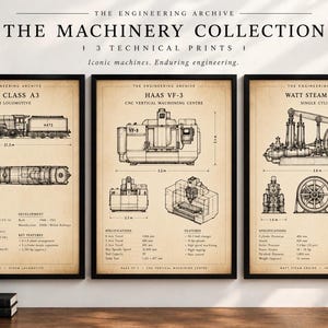 Könnte beinhalten: Drei gerahmte technische Drucke mit dem Titel The Machinery Collection, die schwarze Strichzeichnungen auf beigem Hintergrund zeigen. Die Drucke zeigen die Dampflokomotive LNER Class A3, das CNC-Bearbeitungszentrum Haas VF-3 und die Watt-Dampfmaschine.