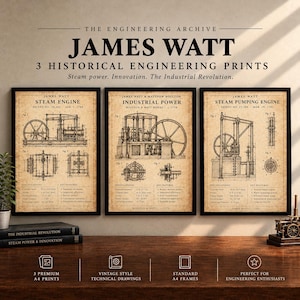 Könnte beinhalten: Drei gerahmte historische Ingenieursdrucke mit dem Titel The Engineering Archive James Watt. Jeder Druck zeigt technische Zeichnungen von Dampfmaschinen mit Spezifikationen auf einem beigen Hintergrund mit schwarzem Text.