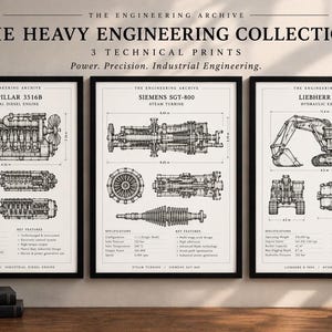 May include: Three framed technical prints titled The Heavy Engineering Collection featuring black and white line drawings of a Caterpillar 3516B diesel engine, a Siemens SGT-800 steam turbine, and a Liebherr R 9800 hydraulic excavator with text.