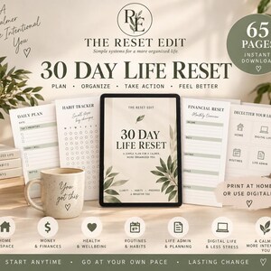May include: A 30-day life reset digital planner set featuring 65 pages of organizational templates including daily plans, habit trackers, financial overviews, and decluttering guides. The set includes a tablet display, a speckled mug, and text.