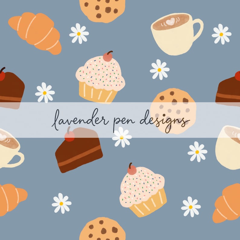 Hand Drawn Bakery & Coffee Seamless Pattern Denim Blue PNG - Etsy
