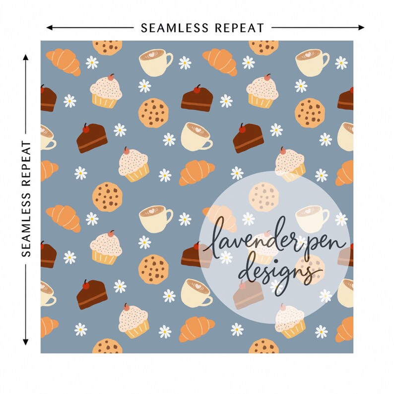 Hand Drawn Bakery & Coffee Seamless Pattern Denim Blue PNG - Etsy