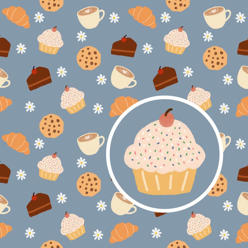 Hand Drawn Bakery & Coffee Seamless Pattern Denim Blue PNG - Etsy