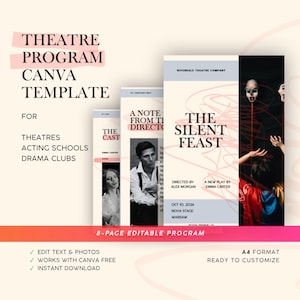 Op de afbeelding: Een 8-pagina A4 theaterprogramma Canva-sjabloon met de titel The Silent Feast. Het ontwerp bevat tekst voor theaters, toneelscholen en dramaclubs, met bewerkbare secties voor de cast, regienotities en details over de voorstelling.