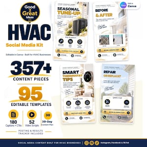 May include: An HVAC social media kit featuring 357+ content pieces and 95 editable templates. The design includes four vertical templates with text like Seasonal Tune-Up, Before & After, Smart Thermostat Tips, and Repair or Replace, plus icons.