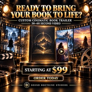 Può includere: Una grafica promozionale per un servizio di trailer cinematografico per libri con un libro, uno smartphone e bobine di pellicola. Il testo recita: READY TO BRING YOUR BOOK TO LIFE? CUSTOM CINEMATIC BOOK TRAILER 30-60 SECOND VIDEO.
