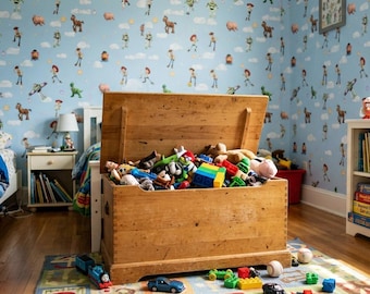 May include: A large rectangular wooden toy chest with an open lid, filled with various colorful plastic toys and plush figures. The chest is positioned on a patterned rug, surrounded by scattered toy cars and blocks in a bedroom.