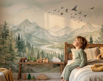 Mountain Forest Wallpaper | Woodland Nursery Wall Mural | Peel and Stick Kids Wallpaper