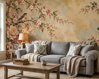 Goldfarbene Chinoiserie-Tapete: Selbstklebende Vintage-Blatttapete