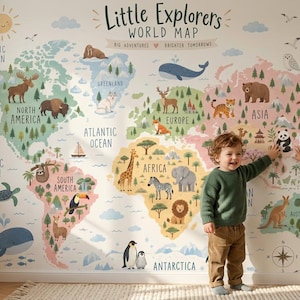 May include: A wall mural featuring a world map titled Little Explorers World Map with illustrations of animals, continents, and oceans in soft pastel colours. The map includes text labels for oceans and continents, a sun, and a hot air balloon.