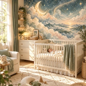 Puede incluir: Una habitación infantil con un gran mural de pared de un cielo nocturno con una luna creciente, estrellas y nubes sobre un paisaje montañoso. Una cuna de madera blanca contiene a un bebé durmiendo, con una manta verde sobre el lateral. Una cómoda blanca, una silla y una alfombra texturizada con cojines en forma de luna y estrella completan el espacio.