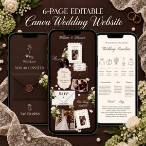 May include: Three smartphones display a 6-page editable Canva wedding website template. The screens show invitation details, RSVP buttons, and a wedding timeline with text including William & Eleanor, With Love, and Two Hearts One Journey.