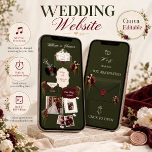 May include: Two smartphones displaying a wedding website template with a dark green background. The screens feature floral accents, wax seal graphics, RSVP buttons, a countdown timer, and text including "William & Eleanor," "You Are Invited," and "Click to Open."