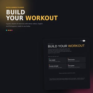 Könnte beinhalten: Eine digitale Trainingsplaner-Oberfläche auf dunklem Hintergrund mit dem Text BUILD YOUR WORKOUT. Der Bildschirm zeigt Zieloptionen wie Lose weight, Build muscle, Increase strength und Grow glutes sowie Sprachumschalter für Englisch und Portugiesisch.