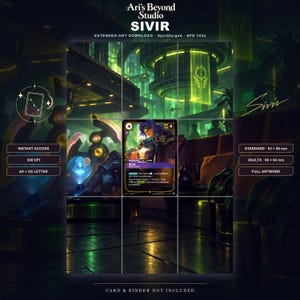 Könnte beinhalten: Ein digitaler Download einer Sivir-Charakterkarte mit erweiterter Grafik. Die Karte zeigt den Text Sivir, Mercenary, und enthält technische Spezifikationen wie 300 DPI, A4, US Letter sowie Abmessungen von 63 x 88 mm und 66 x 94 mm.