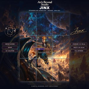 Könnte beinhalten: Ein digitaler Kunst-Download mit einem Jinx-Charakterkartendesign vor einem kosmischen Weltraumhintergrund mit Planeten und Asteroiden. Der Text enthält Ari's Beyond Studio, JINX, Extended-Art Download, Origins, OGN 202a, 300 DPI, A4 + US Letter, Standard 63 x 88 mm, Vaultx 66 x 94 mm und Full Artwork.