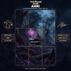 Könnte beinhalten: Digitaler Download von Ahri Extended Art mit dunklem Waldhintergrund und violettem Laub. Enthält Text: Ari's Beyond Studio, AHRI, EXTENDED-ART DOWNLOAD, Origins, OGN 119a, INSTANT ACCESS, 300 DPI, A4 + US LETTER, STANDARD 63 x 88 mm, VAULTX 66 x 94 mm, FULL ARTWORK, CARD & BINDER NOT INCLUDED.