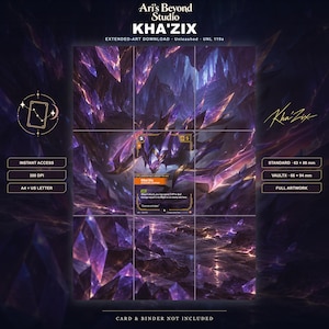 Könnte beinhalten: Ein digitaler Kunstdruck zum Herunterladen mit der Figur Kha'Zix aus League of Legends in einer dunklen violetten Kristallhöhle. Das Bild enthält Texte wie Ari's Beyond Studio, Kha'Zix sowie technische Angaben wie 300 DPI, A4, US Letter und Kartengrößen von 63 x 88 mm und 66 x 94 mm.
