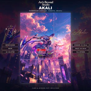 Könnte beinhalten: Ein digitaler Kunstdownload mit einer Figur namens Akali in einer Stadt bei Sonnenuntergang. Der Text umfasst: Ari's Beyond Studio, AKALI, EXTENDED-ART DOWNLOAD, VENDETTA, VEN 021a, INSTANT ACCESS, 300 DPI, A4 + US LETTER, STANDARD 63 x 88 mm, VAULTX 66 x 94 mm.
