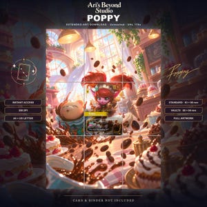 Könnte beinhalten: Ein digitaler Kunstdownload mit dem Titel Ari's Beyond Studio Poppy, der eine rothaarige Figur in einem Café mit schwebenden Kaffeebohnen, Gebäck und einer Spielkarten-Überlagerung zeigt. Text enthalten: Instant Access, 300 DPI, A4 + US Letter, Standard 63 x 88 mm, Vaultx 66 x 94 mm.