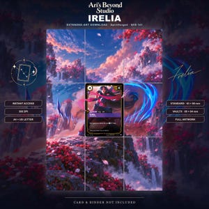 Könnte beinhalten: Ein digitaler Download mit Irelia-Extended-Art und einer zentralen Spielkarte, umgeben von einer Landschaft mit rosafarbenen Bäumen, Wasserfällen und Bergen. Der Text umfasst Ari's Beyond Studio, Irelia, Spiritforged, SFD 141, 300 DPI, A4, US Letter und Kartengrößen von 63 mal 88 mm und 66 mal 94 mm.