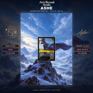 Könnte beinhalten: Ein digitaler Download mit einer zentralen Spielkarte namens Ashe vor einer Kulisse aus schneebedeckten Bergen unter blauem Himmel. Die Karte zeigt eine Figur mit Bogen, Text und Kosten von 5. Enthält Beschriftungen für A4- und US-Letter-Formate.