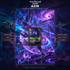 Könnte beinhalten: Ein digitaler Download mit dem Azir Spiritforged Extended-Art-Kartendesign. Das Kunstwerk zeigt einen kosmischen violetten und blauen Nebel mit schwebenden Steinstrukturen. Der Text enthält Ari's Beyond Studio, Azir und die Maße 63 x 88 mm.