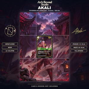 Könnte beinhalten: Ein digitaler Download mit Akali-Extended-Art und einer zentralen Spielkarte mit dem Text Akali, 4 und verschiedenen Spielwerten. Der Hintergrund zeigt eine dunkle Tempelszene mit roten Blättern. Enthält Beschriftungen wie 300 DPI, A4 und 63 x 88 mm.