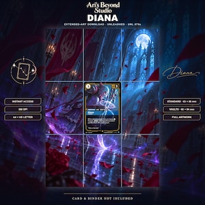 Könnte beinhalten: Ein digitaler Download mit einer Diana-Champion-Einheitenkarte für ein Kartenspiel vor einem dunklen, gotischen Kathedralenhintergrund mit Vollmond, roten Rosenblättern und blauer Beleuchtung. Enthält Textbeschriftungen für 300 DPI, A4 und 63x88mm.