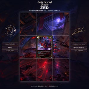 Könnte beinhalten: Ein digitaler Download mit der Zed-Karte von Ari's Beyond Studio, beschriftet als Vendetta VEN 112a. Das Bild zeigt eine zentrale Spielkarte mit einer dunklen Charakterillustration mit roten Akzenten, umgeben von Text wie 300 DPI, A4 + US Letter und Abmessungen von 63 x 88 mm und 66 x 94 mm.