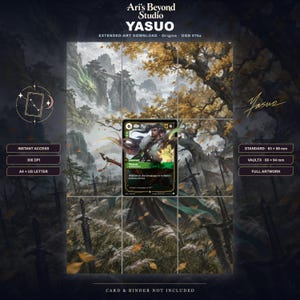 Könnte beinhalten: Ein digitaler Kunst-Download mit einer Yasuo-Charakterkarte, zentriert über einer Landschaftsillustration eines Bergtempels und eines Schwertfeldes. Der Text umfasst Ari's Beyond Studio, Yasuo, Extended-Art Download, Origins, OGN 076a, 300 DPI, A4 + US Letter, Standard 63 x 88 mm, VaultX 66 x 94 mm und Full Artwork.