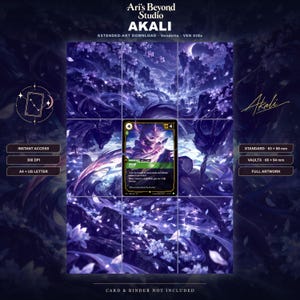 Könnte beinhalten: Ein digitaler Download mit erweiterter Akali-Grafik und einer zentralen Spielkarte mit dem Text Akali, Silent und Spielwerten. Die violette Illustration zeigt eine Landschaft mit Kirschblüten, einer Mondsichel und einer Figur. Enthält Textbeschriftungen für 300 DPI, A4 + US Letter sowie Kartengrößen von 63 x 88 mm und 66 x 94 mm.