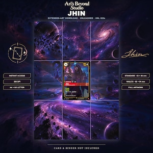 Könnte beinhalten: Ein digitaler Download mit Jhin-Extended-Art vor einem kosmischen violetten und blauen Nebelhintergrund. Die zentrale Karte zeigt Jhin, den Virtuosen, mit Text wie Ari's Beyond Studio, UNL 022a, 300 DPI, A4 + US Letter und 63 x 88 mm Maßen.