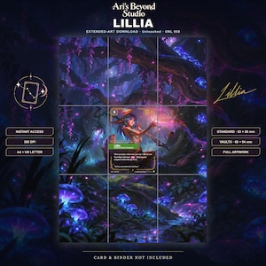 Könnte beinhalten: Ein digitaler Kunst-Download mit einer Lillia-Charakterkarte aus einem Spiel, platziert in einem dunklen Wald mit leuchtenden blauen und violetten Pilzen. Text umfasst Ari's Beyond Studio, Lillia, 300 DPI, A4 + US Letter sowie 63 x 88 mm oder 66 x 94 mm Größen.