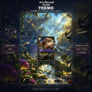 Könnte beinhalten: Ein digitaler Download mit Teemo von Ari's Beyond Studio, inklusive erweiterter Kunst, Standard 63 x 88 mm und Vaultx 66 x 94 mm Größen. Das Bild zeigt eine Waldszene mit einem Bach, einer Steinbrücke und Pilzen, zentriert auf einer Spielkarte.