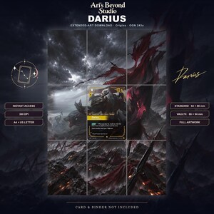 Könnte beinhalten: Ein digitaler Kunst-Download mit einer dunklen, stürmischen Schlachtfeldszene und einer zentralen Spielkarte namens Darius. Das Bild zeigt zerklüftetes Gelände, rote Banner und einen bewölkten Himmel. Text enthält Ari's Beyond Studio und 63 x 88 mm.