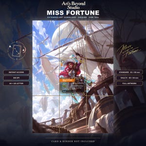 Könnte beinhalten: Ein digitaler Kunst-Download mit dem Titel Miss Fortune von Ari's Beyond Studio, der eine rothaarige Figur auf dem Deck eines Segelschiffs vor einem blauen Himmel mit Wolken und Vögeln zeigt. Enthält Textetiketten für Sofortzugriff, 300 DPI, A4, US Letter sowie Maße von 63 x 88 mm und 66 x 94 mm.