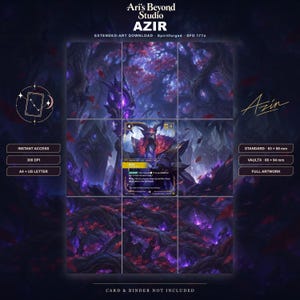 Könnte beinhalten: Ein digitaler Kunst-Download mit einer Fantasy-Charakterkarte namens Azir von Ari's Beyond Studio. Das Kunstwerk zeigt einen dunklen, violett gefärbten Wald mit verdrehten Bäumen und leuchtenden Elementen. Enthält Textbeschriftungen für 300 DPI, A4, US Letter sowie Kartengrößen von 63 x 88 mm und 66 x 94 mm.